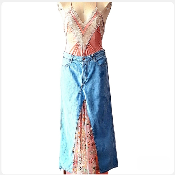 Wrangler Denim Skirt, Upcycled Denim Lace Skirt - Picture 1 of 5